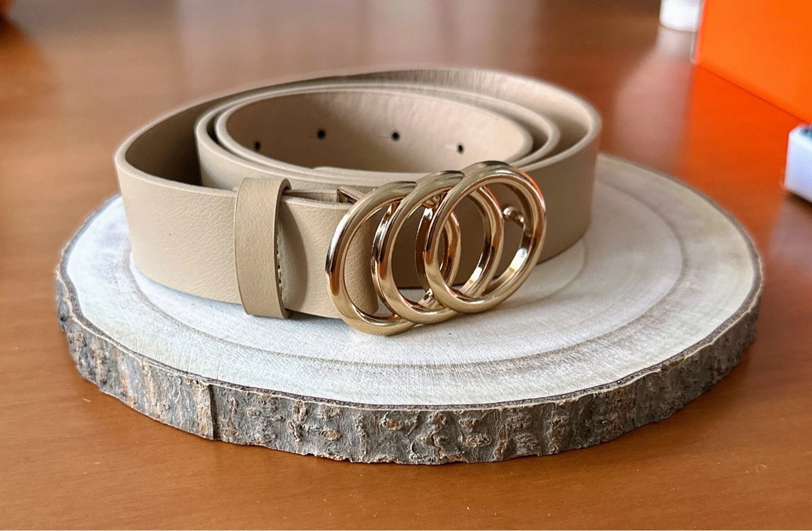 Beige Belt with Gold Triple Ring Buckle 🌟 Chic & Minimalist 100cm
